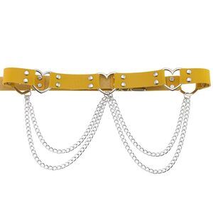 6982 Yellow Pu Simulated Leather Rivets Love Heart Ring 2-layer Chain